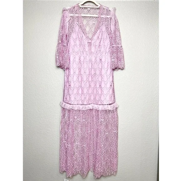 NWT SELF PORTRAIT Lilac Crochet Mesh Lace Tiered Ruffle Fairycore Maxi Dress 6 - Picture 6 of 16